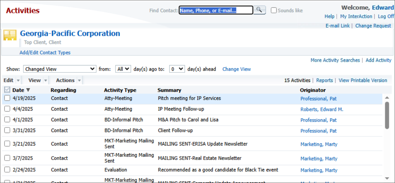 Most Recent Activities Logged for Company