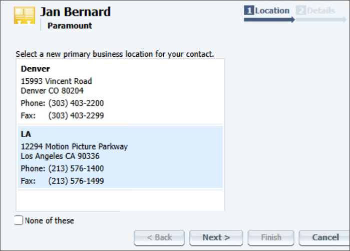 Contact Moved to a New Location wizard - Select New Address