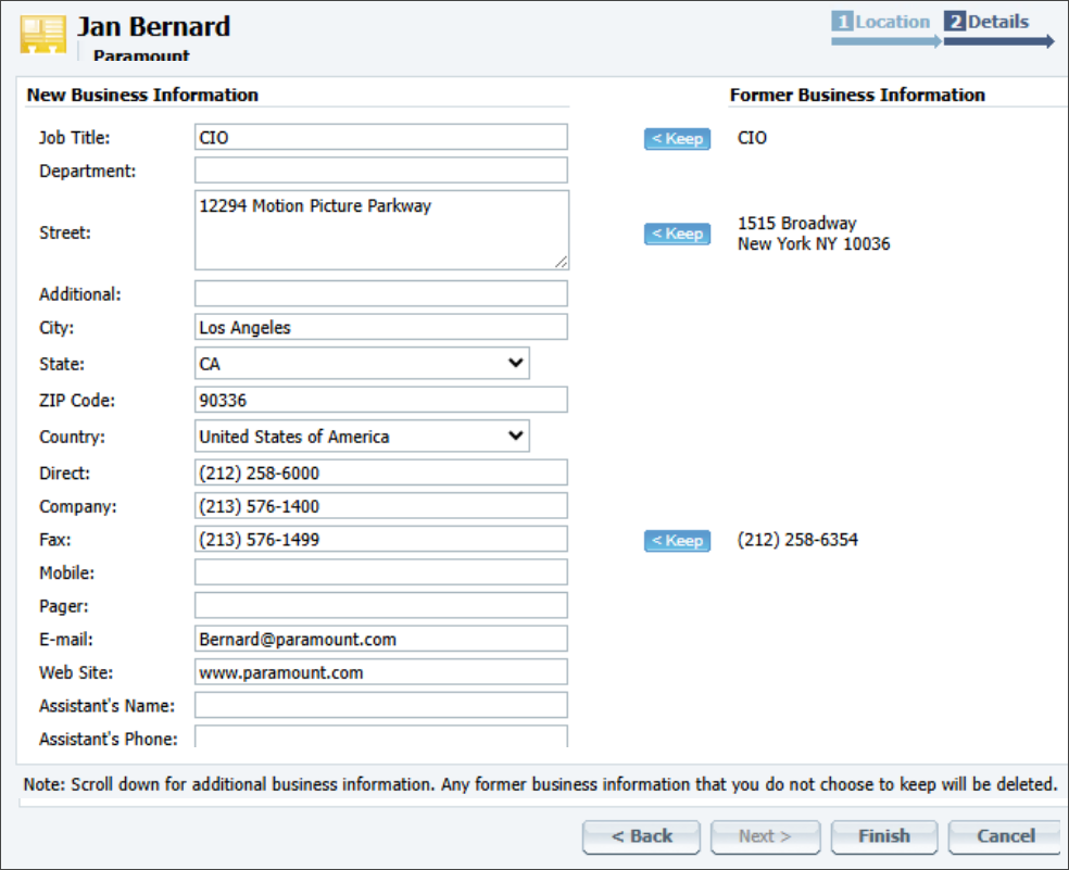 Contact Moved to a New Location wizard - Review New Business Information