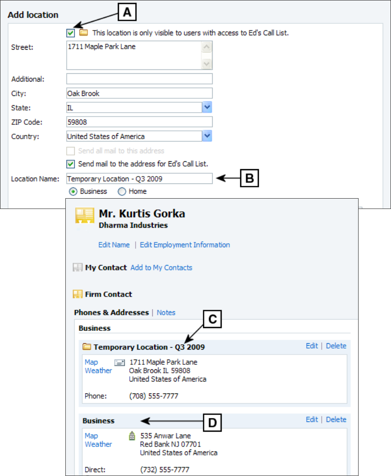 Examples of adding list specific phones and addresses