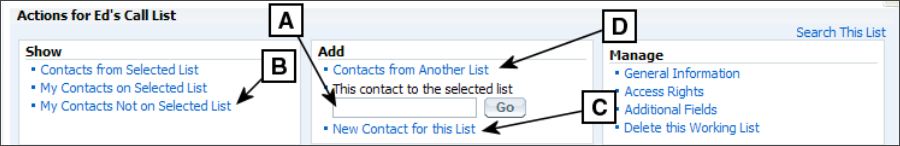 Links to Choose Options for Adding Contacts to a List
