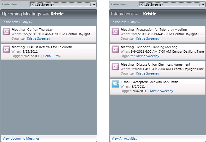 Microsoft Outlook-Ansicht von bevorstehenden Meetings und Interaktionen