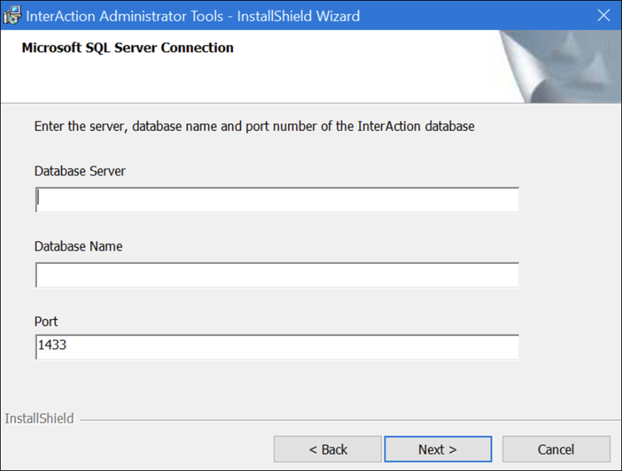 InterAction Administrator Tool - Microsoft SQL Server Connection