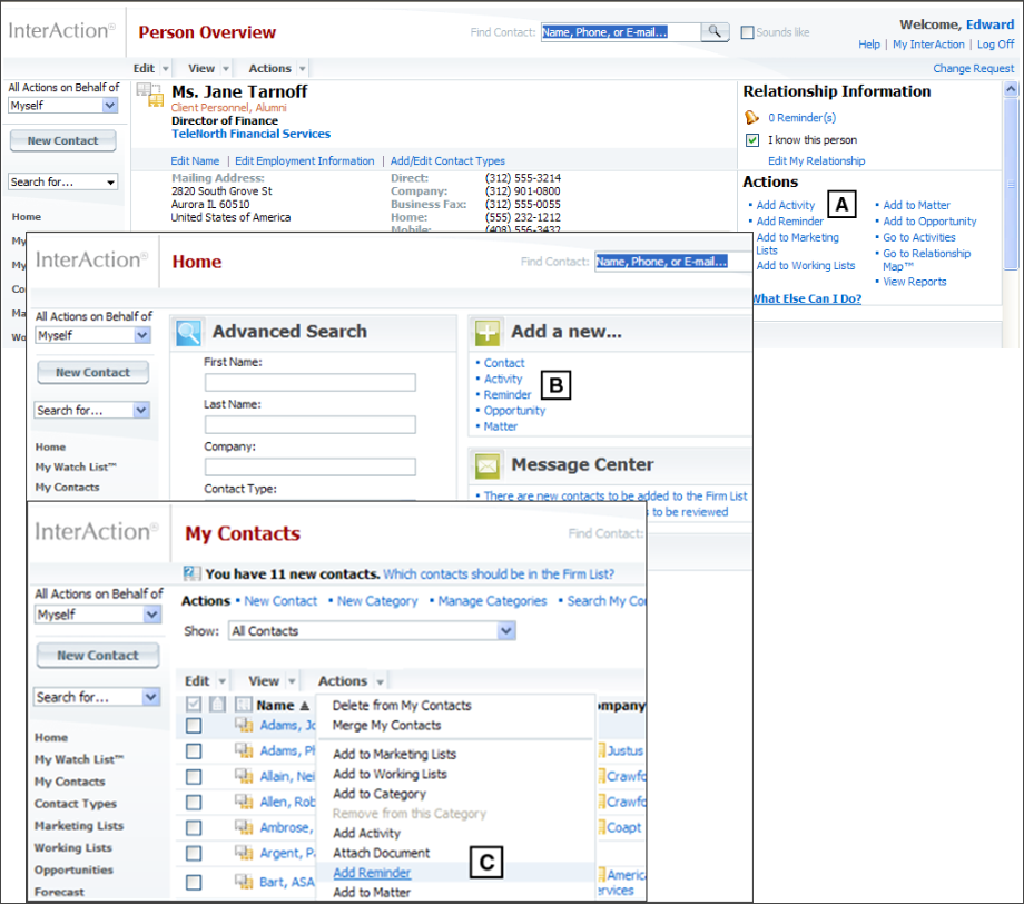 Example of Adding Reminders to a Contact