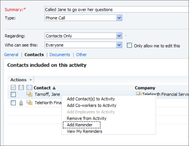 Add a Reminder to a Contact from an Activity