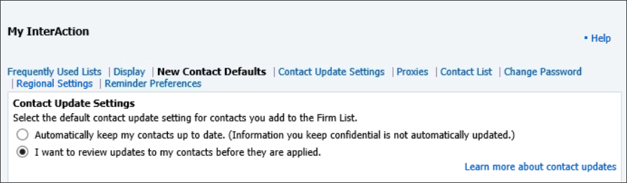 My InterAction - New Contact Defaults